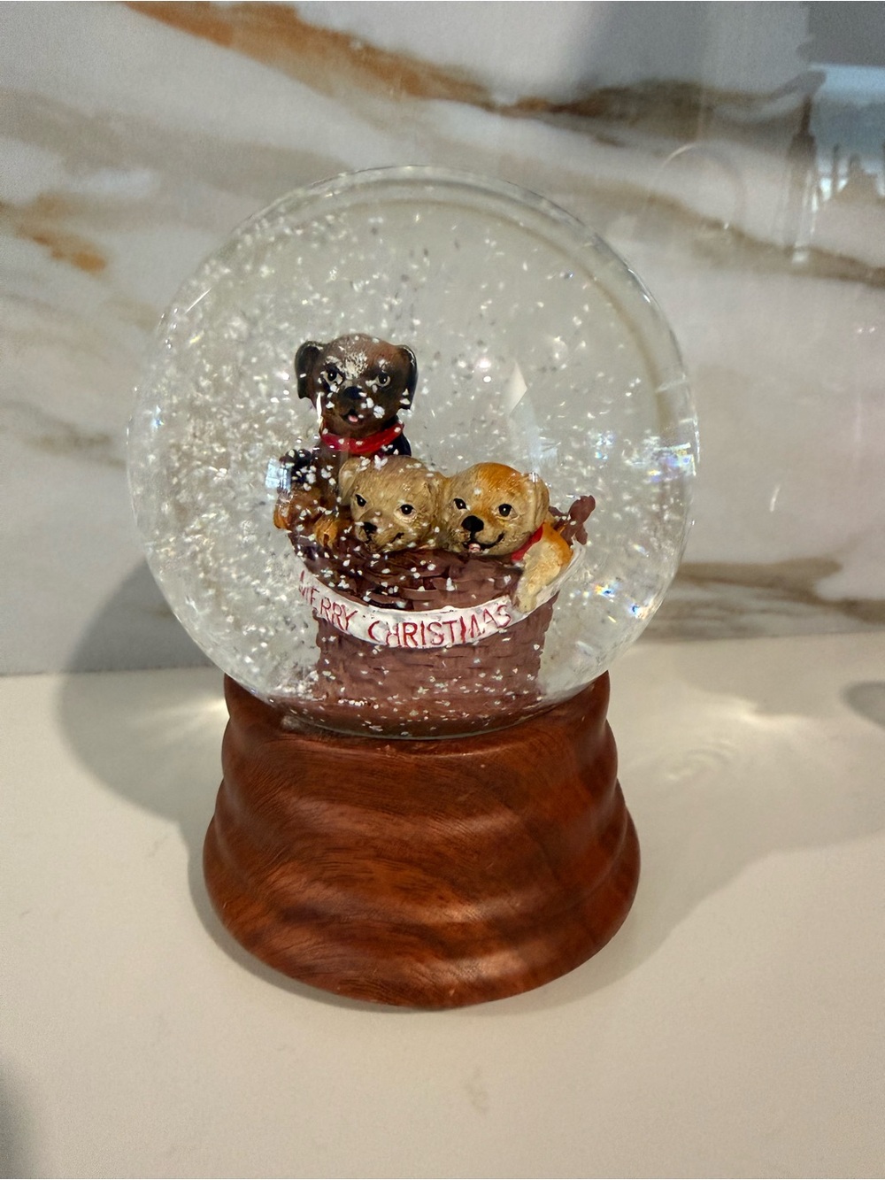 Festive Puppy music Snow Globe with Brown wood-like Base-Holiday/Christmas Decor